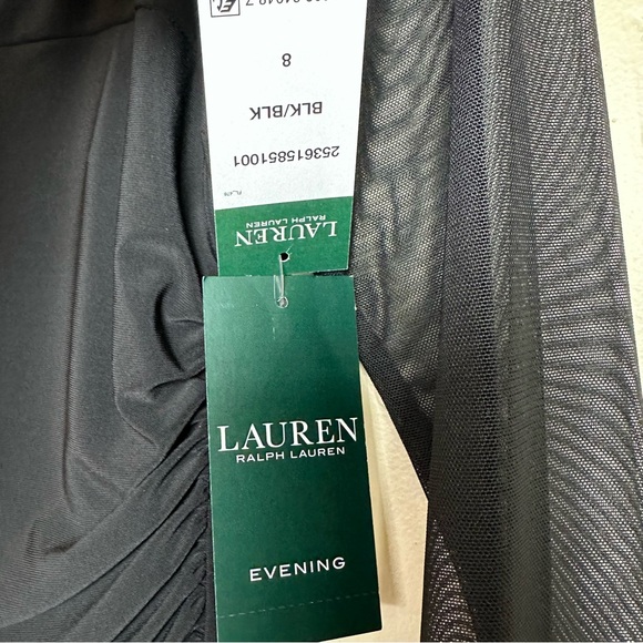 Lauren Ralph Lauren Black Illusion Mesh Ruched Jersey Gown Long Sleeve Size 8 - Picture 5 of 6